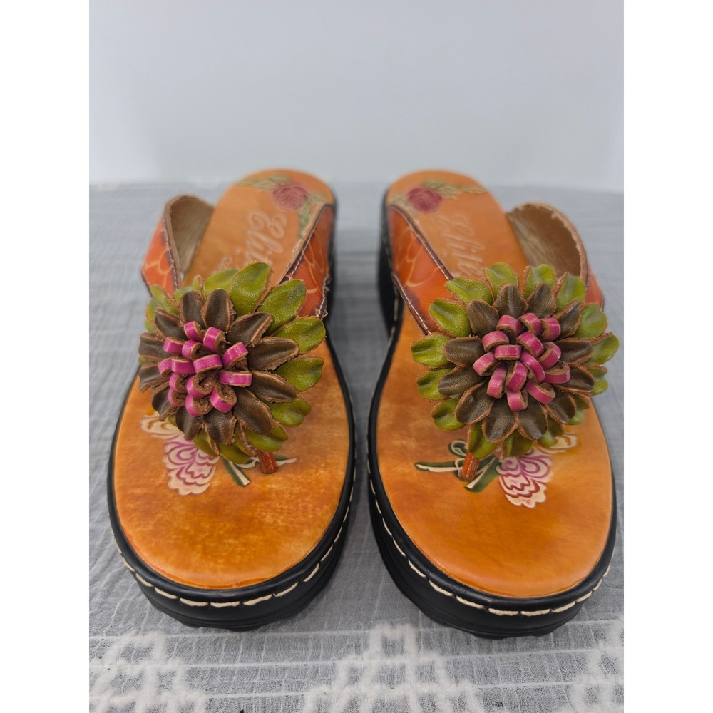 Elite by Corkys Venice Womens Orange Floral Tooled Leather Platform Sandals 8